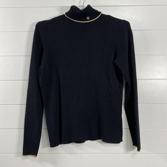 Lauren Ralph Lauren Sweater Womens Large Black Ribbed Mock Neck Gold Trim RLL - Picture 1 of 11